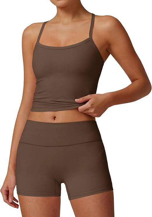 Aoysky Womens Buttery Soft 2 Piece Workout Sets High Waisted Booty Biker Shorts Halter Padded Tan... | Amazon (US)
