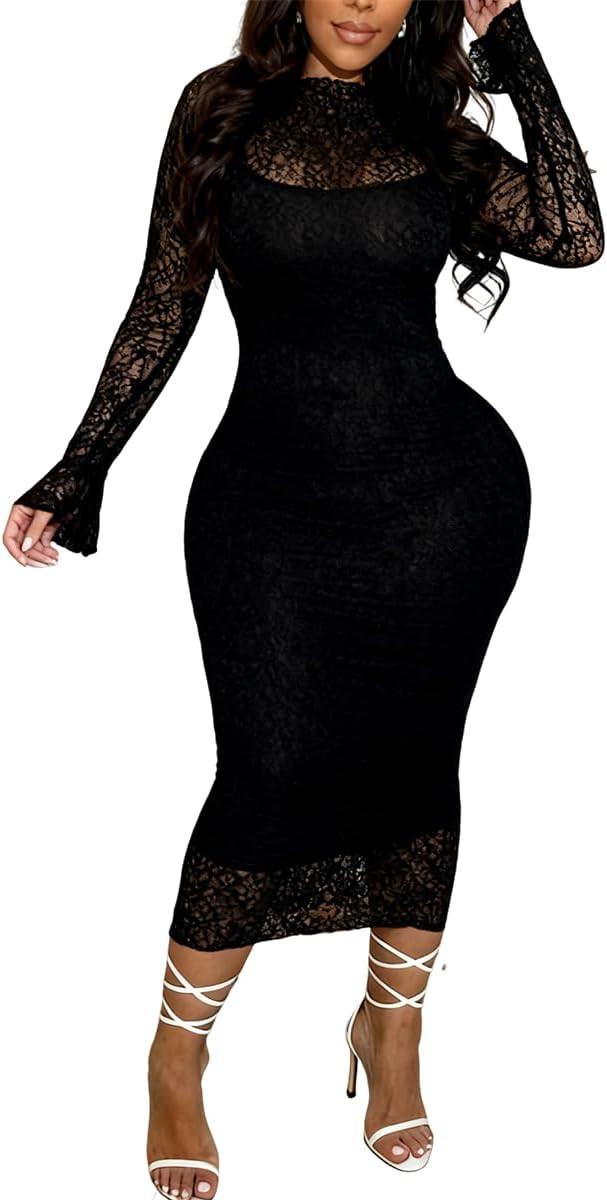 Sexy Lace Dress for Women Long Sleeve Mesh See Through Midi Bodycon Dresses 2 Piece Dress Set Bir... | Amazon (US)
