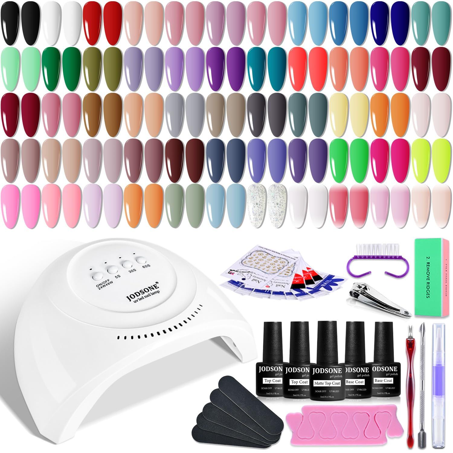 JODSONE Gel Nail Polish Kit 60 PCS with U V Light Soak off Base Top Coat 55 Shine Colors Gel Nail... | Amazon (US)