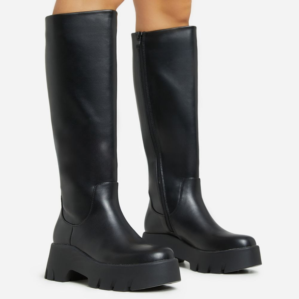 Blade-Edge Chunky Sole Knee High Long Biker Boot In Black Faux Leather | EGO Shoes (US & Canada)