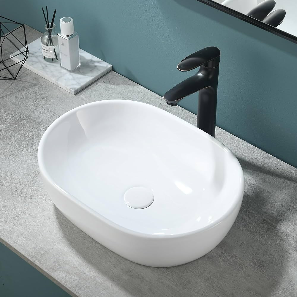 19"x14" Oval Vessel Sink, Ceramic Above Counter Bathroom Sink, Modern Art Basin White Bathroom Ve... | Amazon (US)
