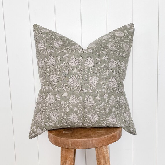 Sage Floral Handblock Linen Pillow Cover  Natural Sage Green | Etsy | Etsy (US)