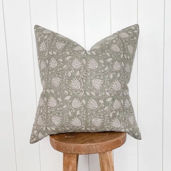 Sage Floral Handblock Linen Pillow Cover | Natural Sage Green Flax Woodblock Hand Woven | Neutral... | Etsy (US)