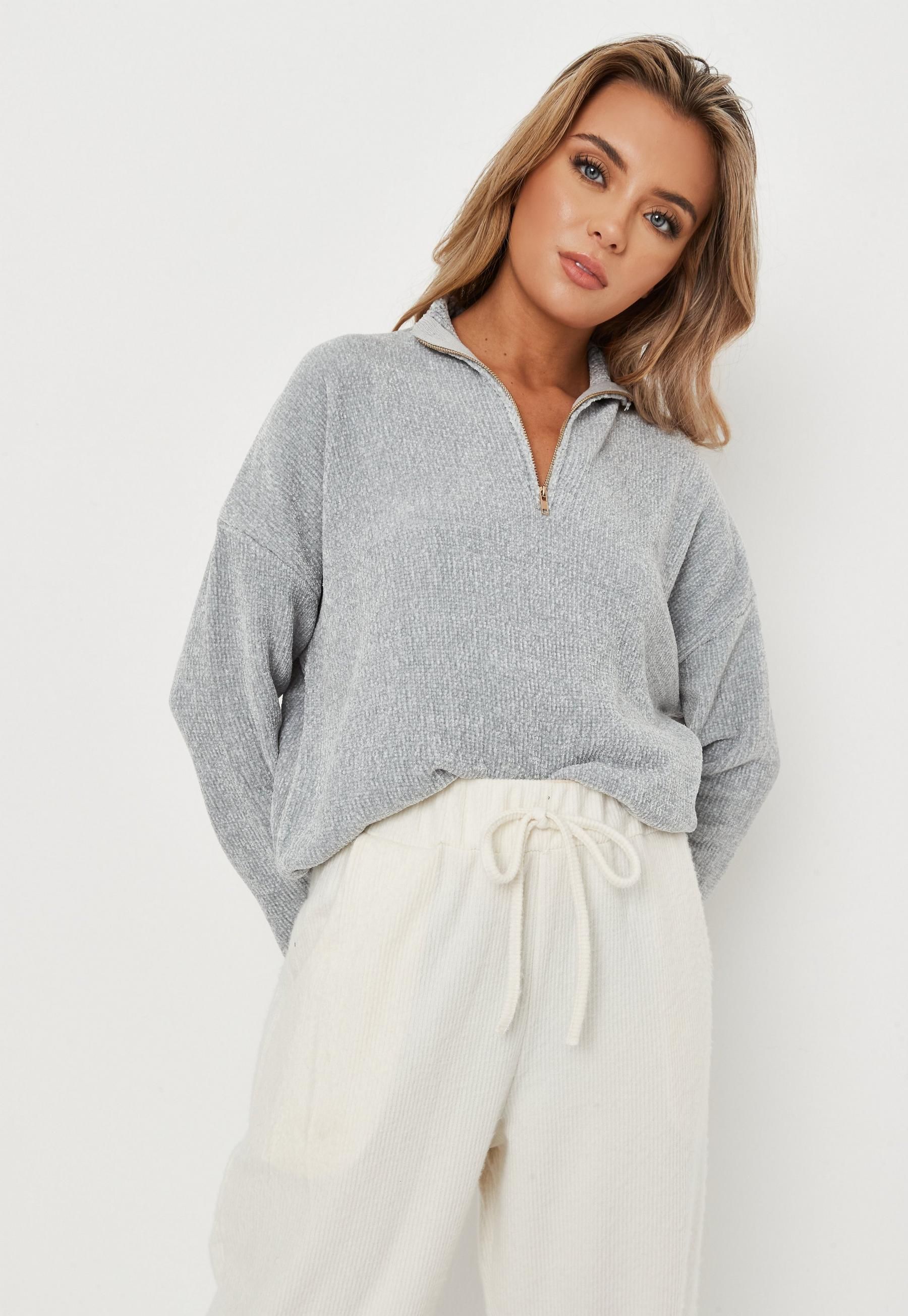 Missguided - Grey Chenille Oversized Half Zip Knit Sweatshirt | Missguided (UK & IE)