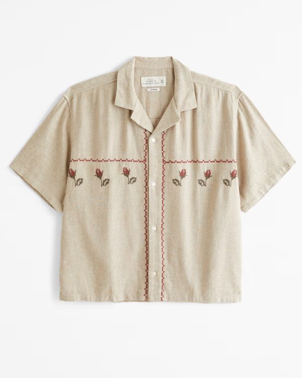 Men's Camp Collar Cropped Summer Linen-Blend Embroidered Shirt | Men's Tops | Abercrombie.com | Abercrombie & Fitch (US)