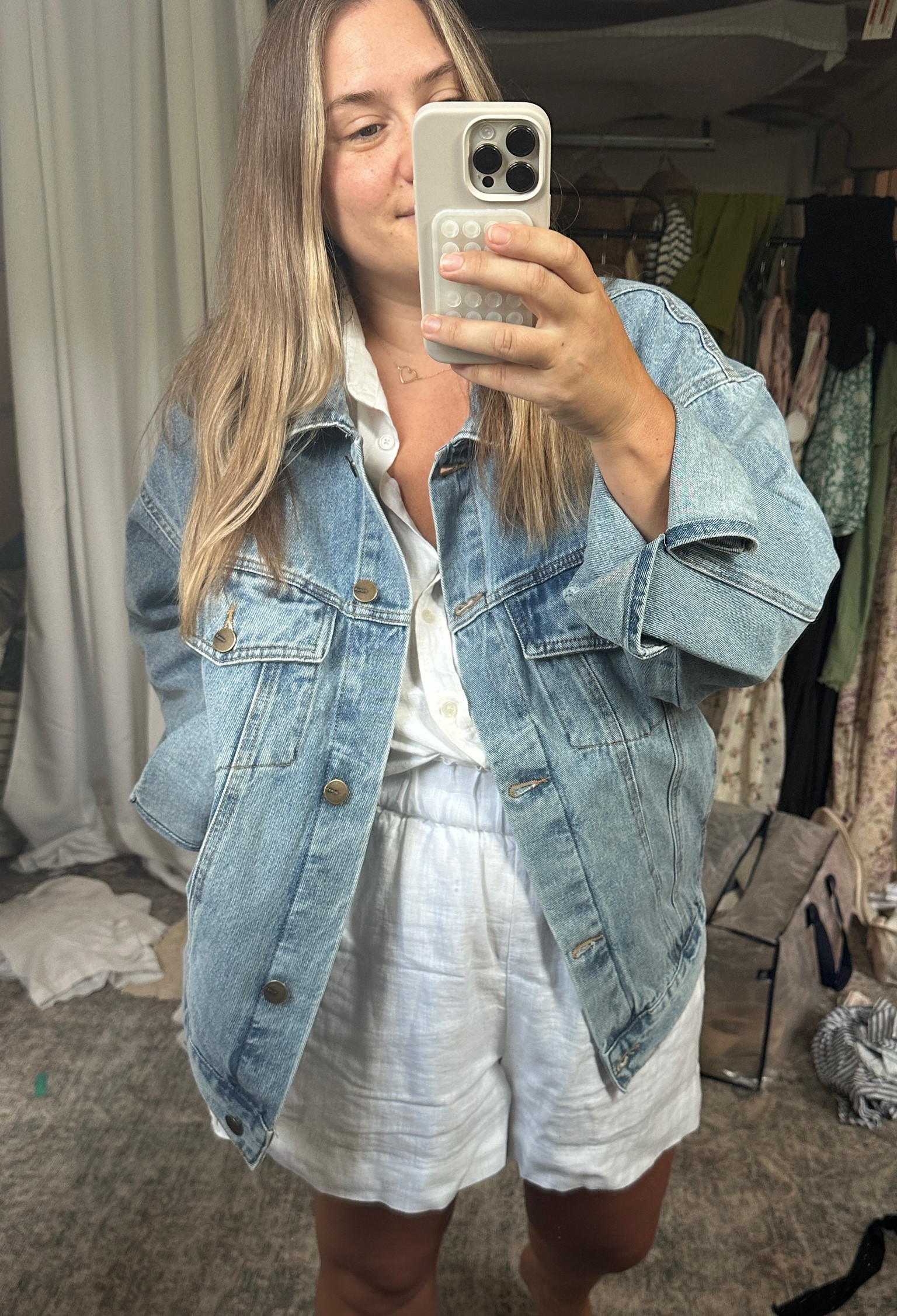 Denim jacket is hazeltide.com

White Shorts tts
Linen top i sized up 1
Jcrew shorts
Quince shirt

#LTKunder100 #LTKSeasonal