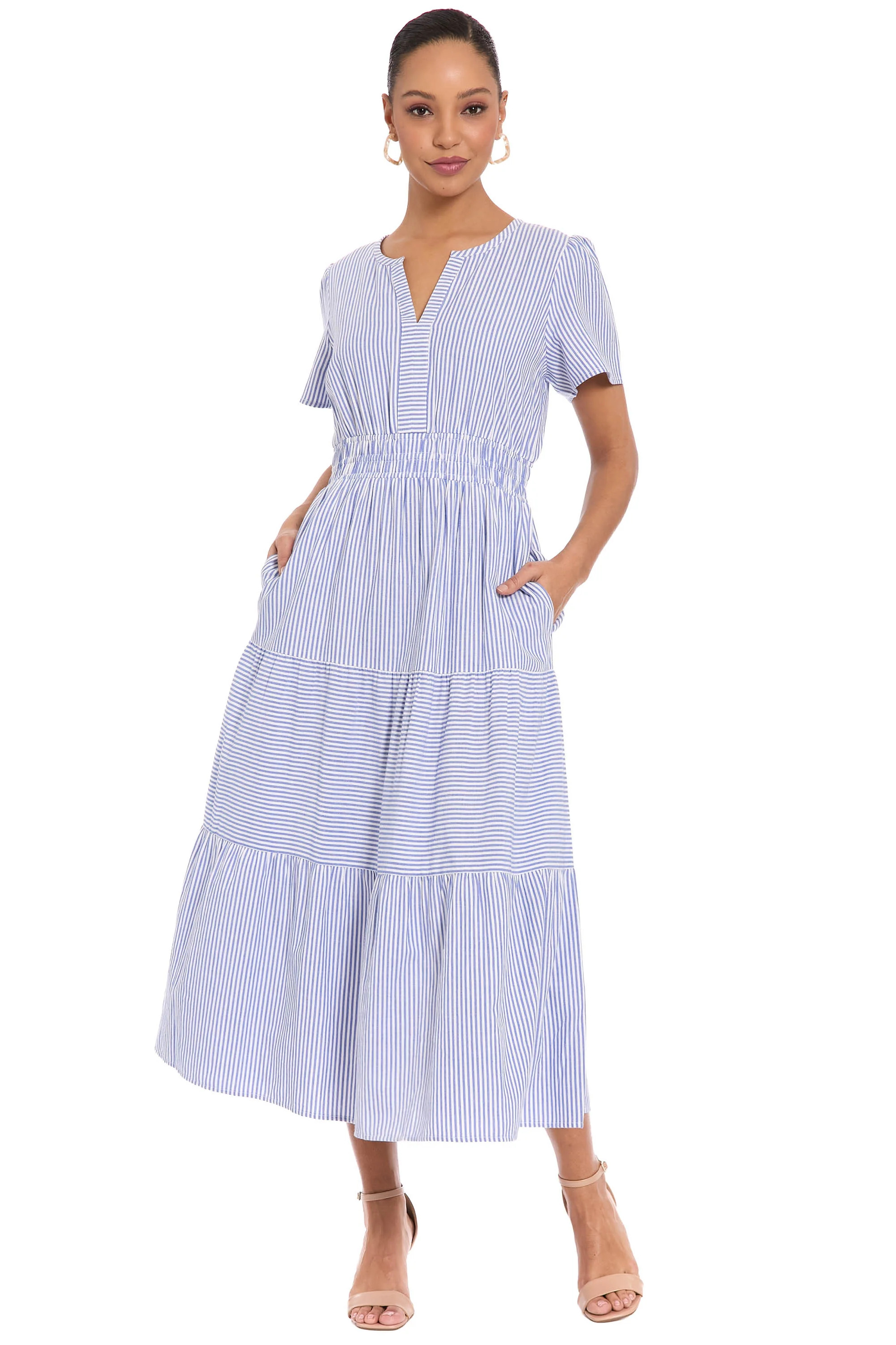 Rachael Striped Elastic Waist Midi Fit and Flare | London Times | Maggy London