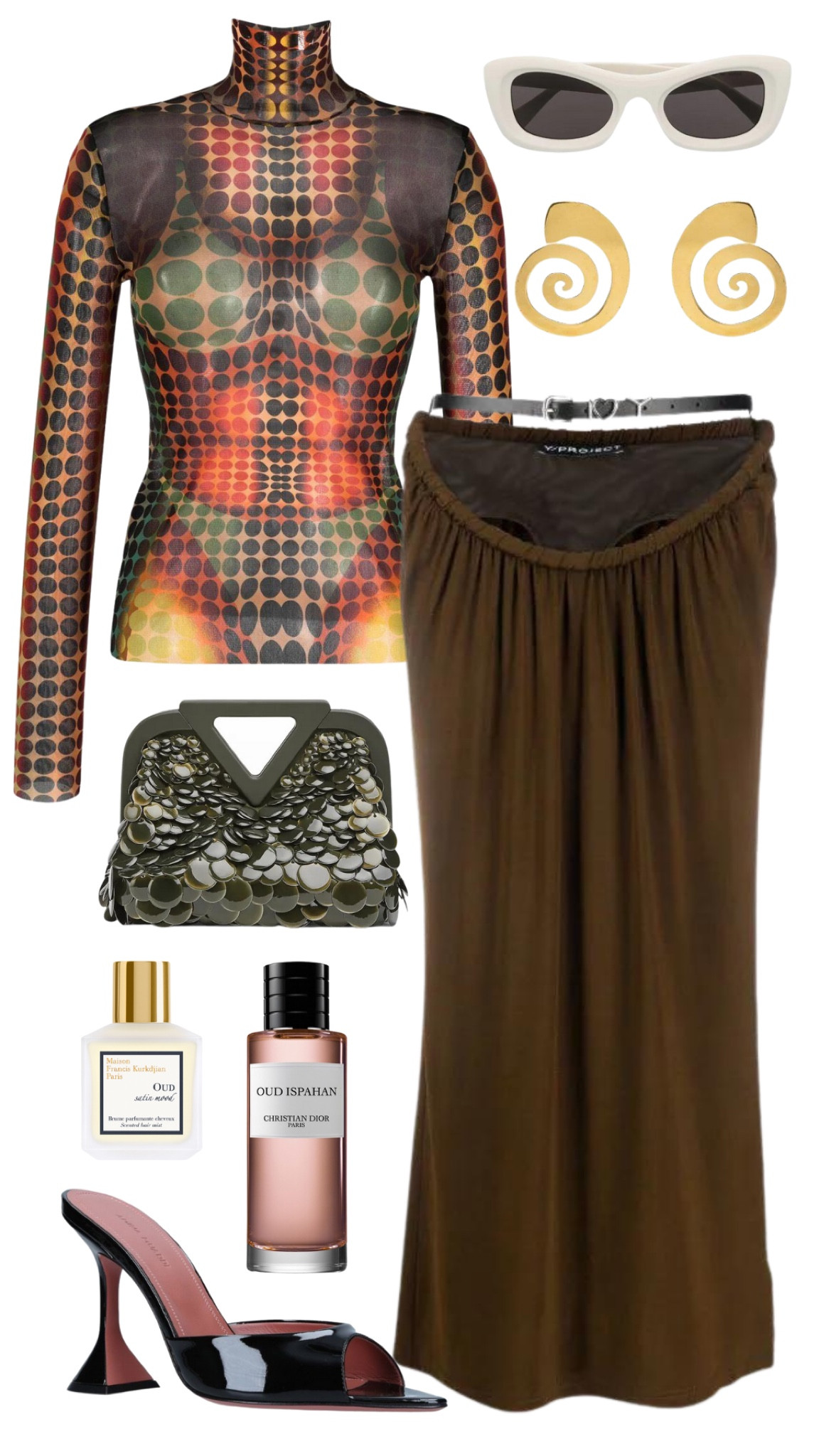 jean paul gaultier top
y-project skirt 
bottega veneta bag 
amina muaddi heels 
miu miu sunglasses 
albert coll earrings 
dior oud ispahan perfume 
mfk oud satin mood body oil 

#LTKSeasonal #LTKHoliday #LTKsalealert