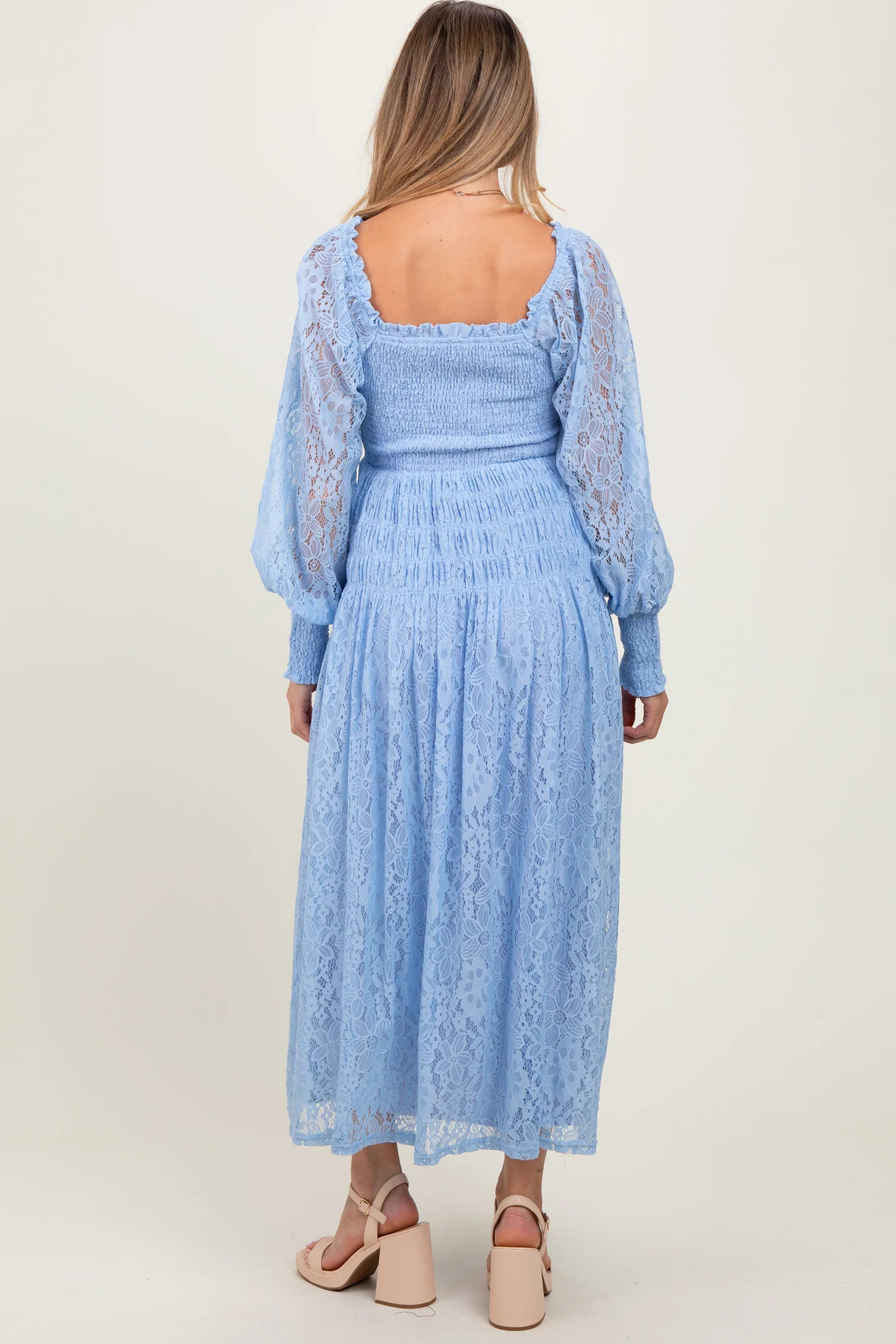 Periwinkle Lace Smocked Bubble Sleeve Maternity Maxi Dress | PinkBlush Maternity