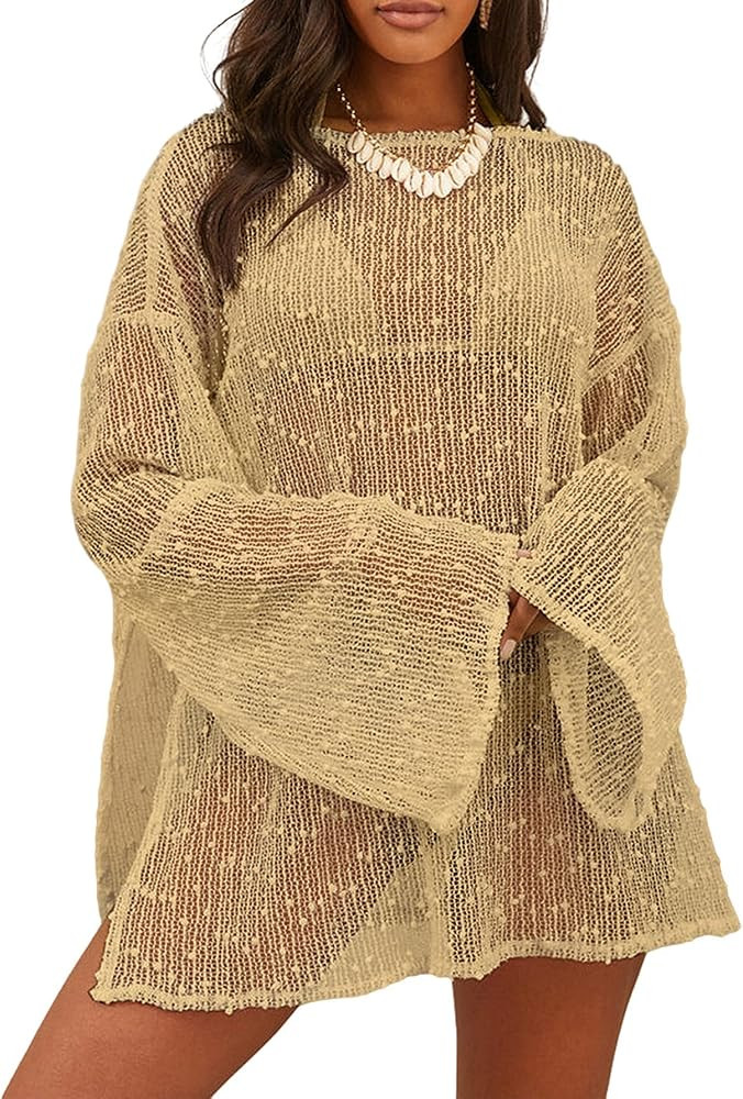 Lilosy Sexy Crochet Sheer Kaftan Caftan Beach Dress Bathing Suit Swim Coverup One Piece | Amazon (US)