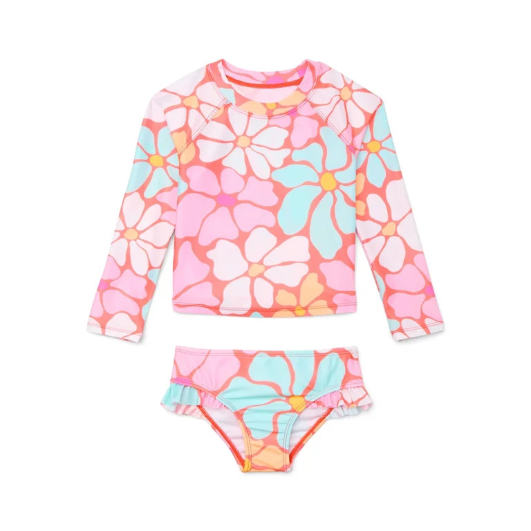 Wonder Nation Baby and Toddler Girls Long Sleeve Swim Rashguard & Swim Bottom Set, 2-Piece, 12M-5... | Walmart (US)