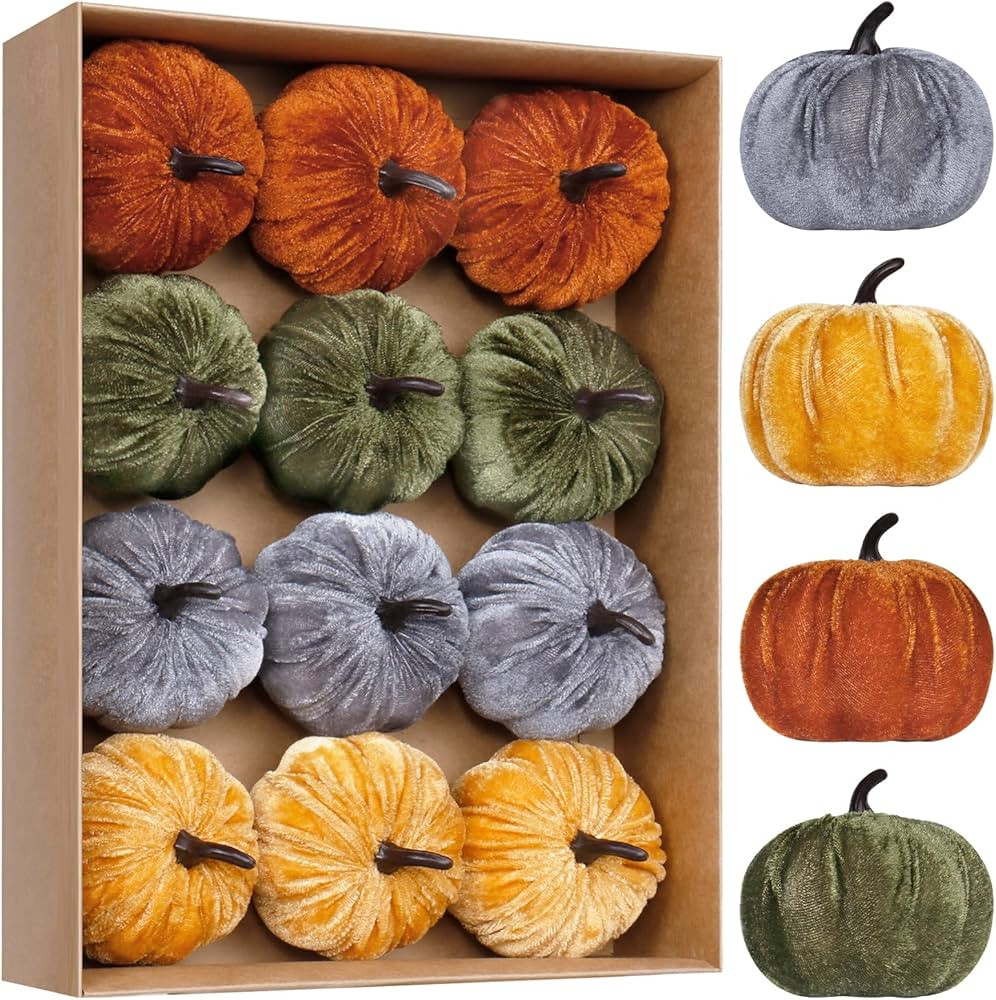 Super Holiday 12PCS Artificial Velvet Pumpkins Decorations, 4 Colors Foam Faux Flocked Pumpkins f... | Amazon (US)