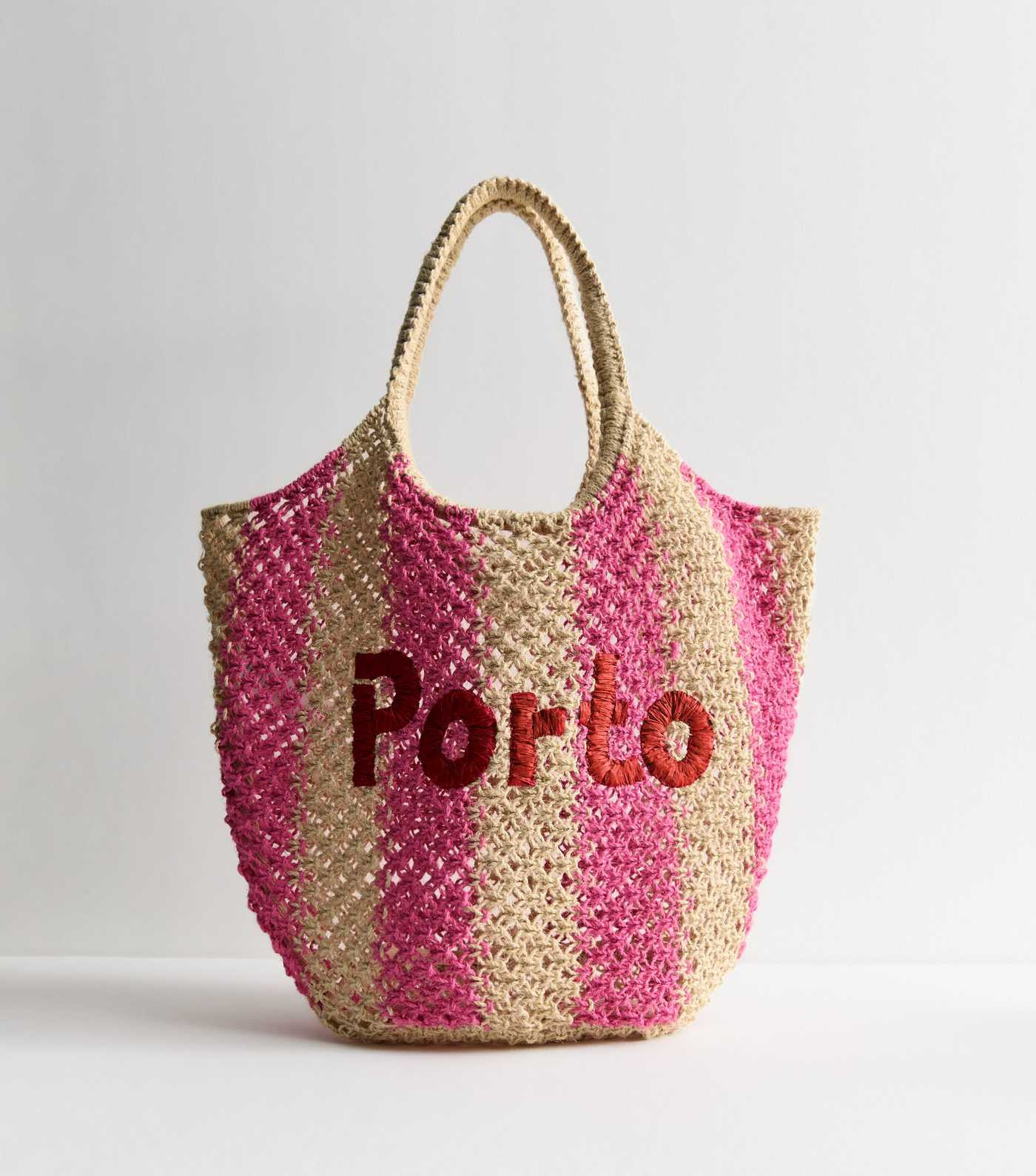 Pink Porto Embroidered Striped Raffia Look Tote | New Look | New Look (UK)