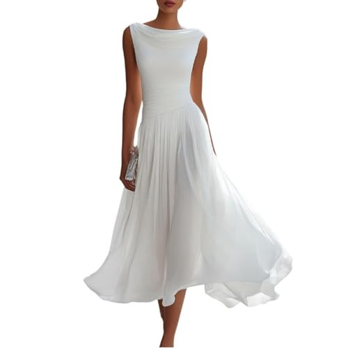 Lkynesthes Women's Chiffon Midi Dress Elegant Cowl Neck Sleeveless Ruched Waist Pleated Flowy A-Line Wedding Guest Dress White | Amazon (US)