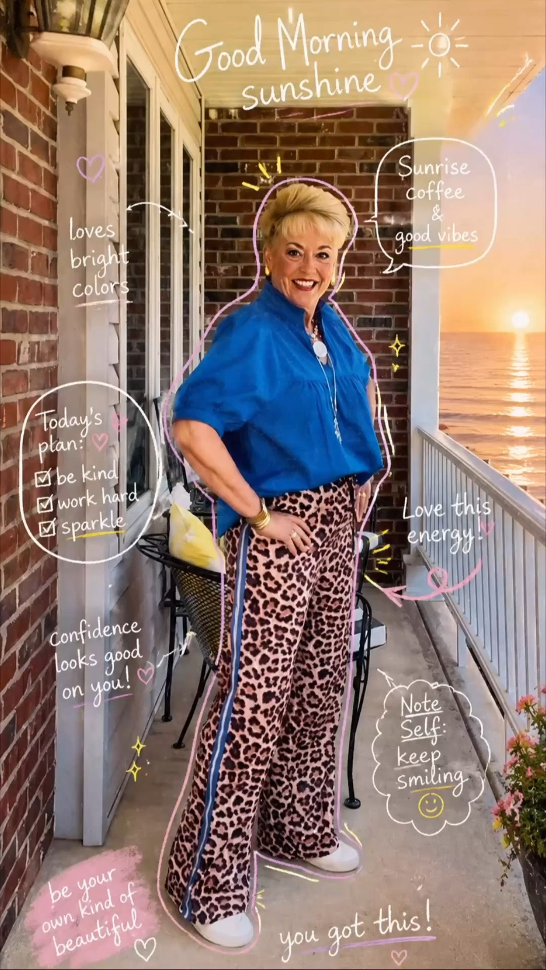 Leopard Striped Track Pants
Blue Puffy Sleeved Blouse
Leopard Sneakers