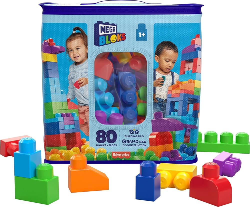 MEGA BLOKS First Builders Toddler Blocks Toys Set, Big Building Bag with 80 Pieces and Storage, B... | Amazon (US)