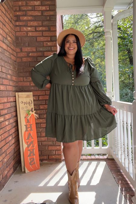 Love this fall baby doll dress from SHEIN 🤍 plus size fall fashion | fall 2023 | fall dresses | green dress | boho | cowgirl boots 

#LTKSeasonal #LTKplussize #LTKfindsunder50