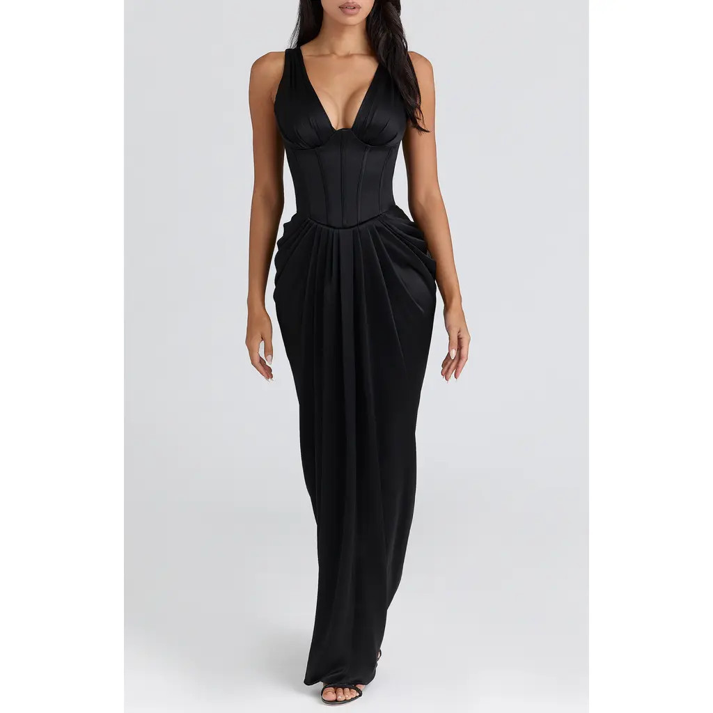 HOUSE OF CB Angeline Strapless Satin Corset Gown in Black at Nordstrom, Size X-Large | Nordstrom