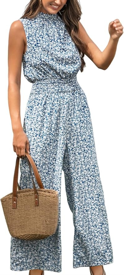 CUPSHE Women Floral Summer Maxi Jumpsuit with Pocket Mock Neck Elastic Waist Wide Leg Business We... | Amazon (US)