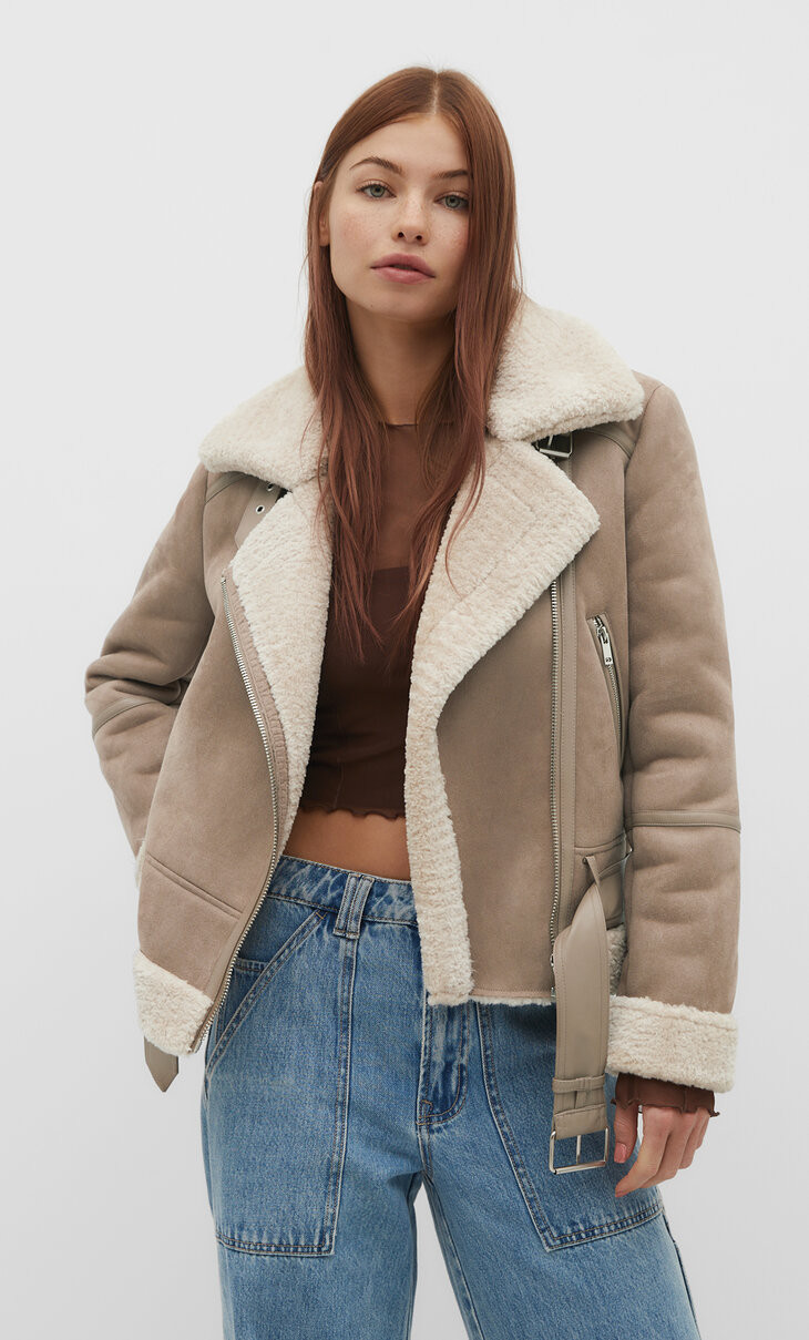 Faux suede faux shearling biker jacket - Women's See all | Stradivarius United Kingdom | Stradivarius (UK)