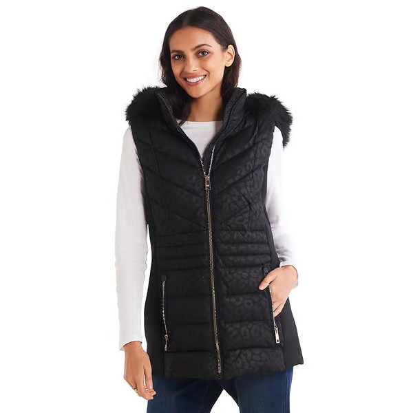 Womens Michael Kors Vest w/Faux Fur Hood - Black/Multi | Boscov's Department Stores