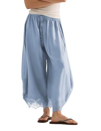 Lviefent Womens Cropped Lace Hem Pants Casual Drawstring Waist Summer Wide Leg Pants Beach Trouse... | Amazon (US)
