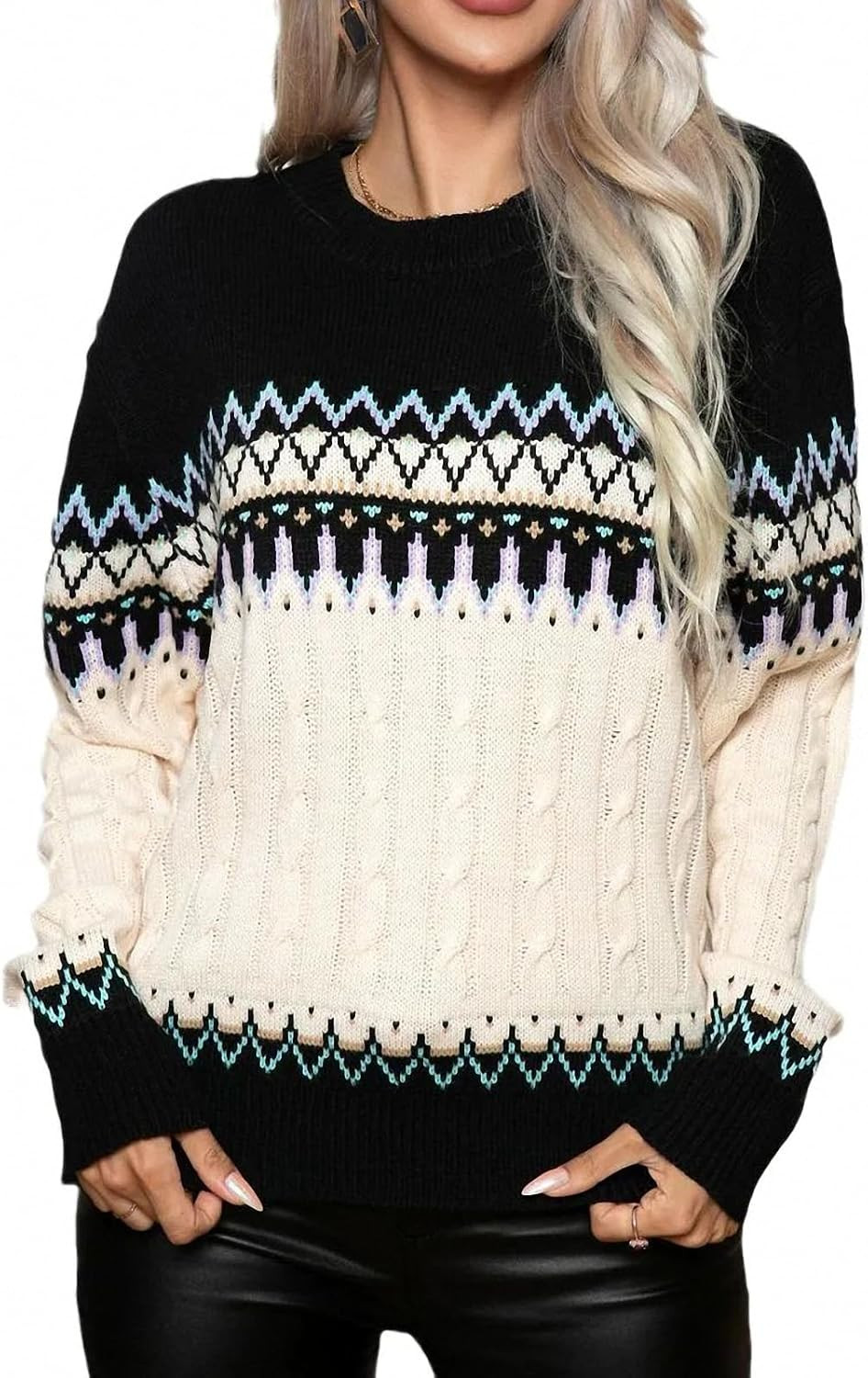 Women Fair Isle White Knit Sweater Ladies Black and White Jacquard Cotton Fairisle Knitwear Pullo... | Amazon (US)