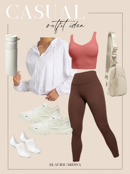 This casual outfit includes a rose colored cropped tank, coffee colored leggings, a white zip up lightweight jacket, sling bag, water bottle, Nike sneakers, and no show socks. 

Athleisure, workout outfit, casual spring outfit, Amazon fashion

#LTKfindsunder50 #LTKshoecrush #LTKfitness