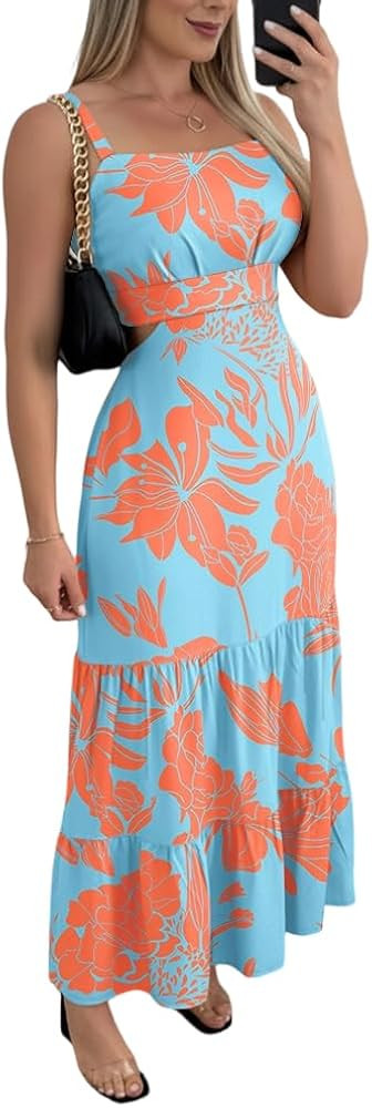 CHICME Summer Dresses for Women 2026 Sleeveless Casual Boho Maxi Dress Square Neck Cut Out Floral... | Amazon (US)