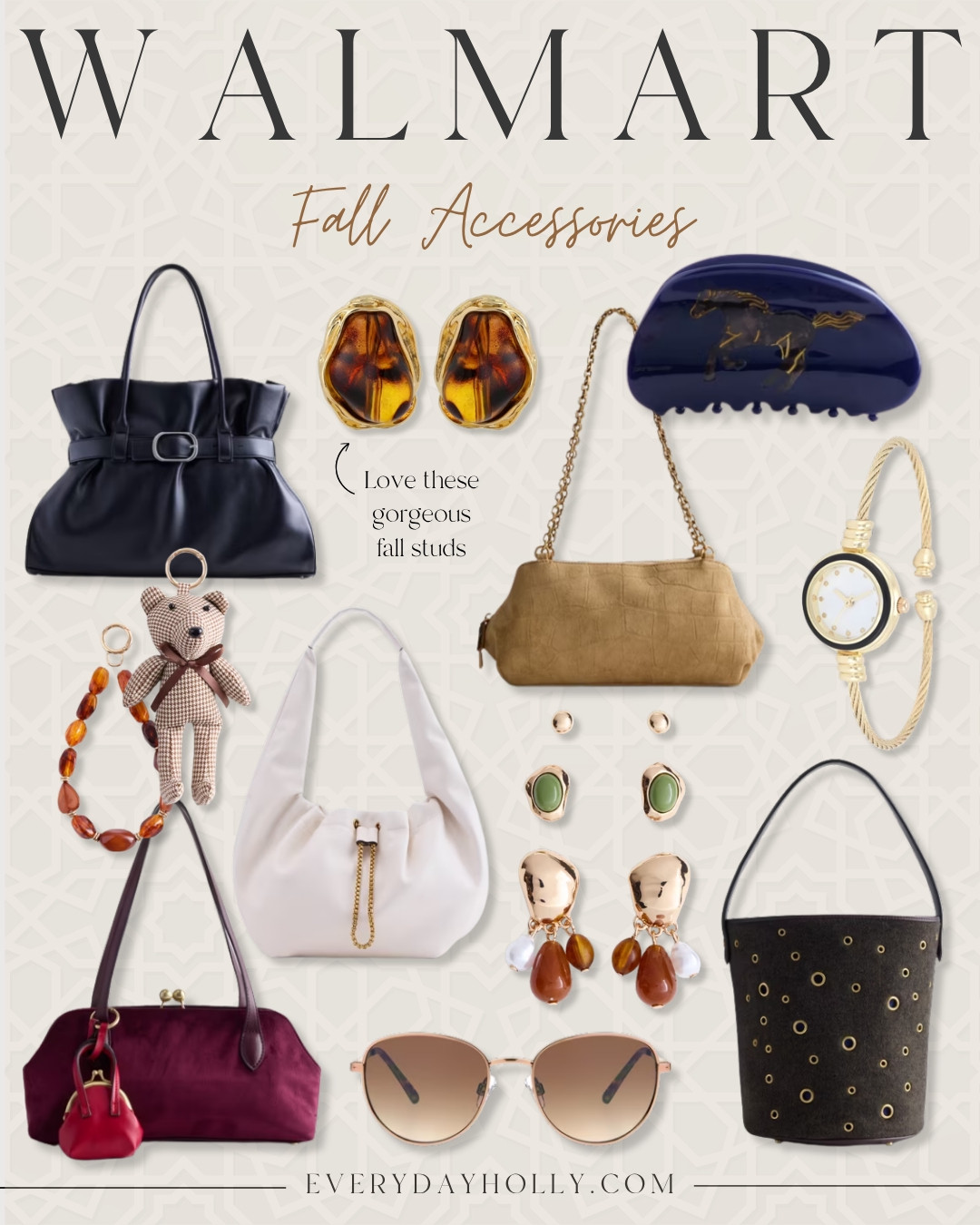 The accessories might be my favorite part of Walmart’s fall arrivals! Suede bags, amber jewelry, tortoise details and pops of burgundy are such a fun way to bring fall into what you’re already wearing.

Walmart accessories, fall accessories, fall handbags, fall jewelry, suede bag, burgundy bag, tortoise jewelry, fall fashion finds, women’s accessories, affordable accessories, EverydayHolly 

 #LTKootd #LTKSeasonal #LTKOver40