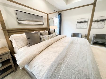 bedroom, coastal design, wall art, bed frame, pillows, comforter, mirror, chair

#LTKhome