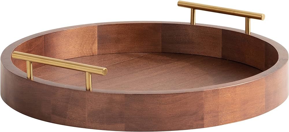 Kate And Laurel Lipton Modern Round Tray, 15.5, Walnut and Gold, Decorative Accent Tray for Stora... | Amazon (US)