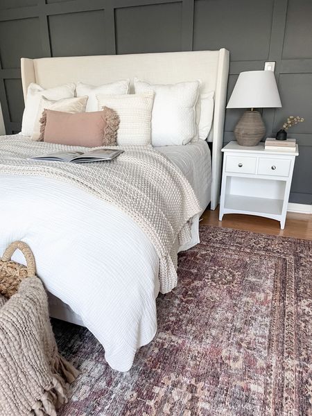 Bedroom rug. Loloi rug. Bed frame. Nightstand. White bedding. Bedroom design  

#LTKhome #LTKsalealert