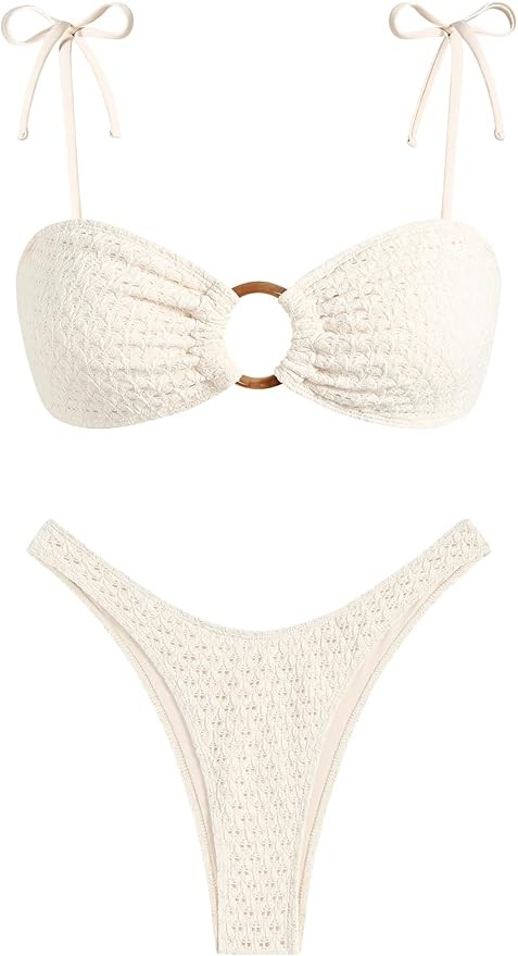 ZAFUL Women's Sexy Tie Spaghetti Strap Bikini Textured O Ring Ruched High Leg Swimsuit Cheeky Bat... | Amazon (US)