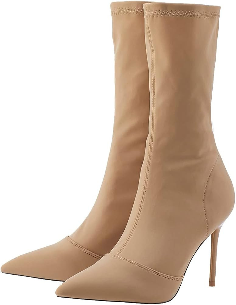 Trendenzy Womens Stretch Sock Ankle Booties Pointed Toe Stiletto Heel Mid Calf Boots | Amazon (US)