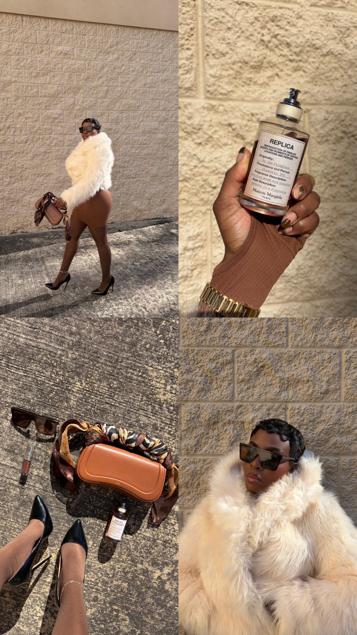 Winter faux fur cream coat, winter elevated outfit idea, winter fashion Faux fur coat
ivory  cream fur
Sculpted mini dress
Chocolate brown tones
Monochromatic neutrals
Body-con silhouette
Sheer tights
Pointed-toe stilettos
Classic black pumps
Statement brown  sunglasses
Micro handbag
Silk scarf accessory
Minimal yet bold styling