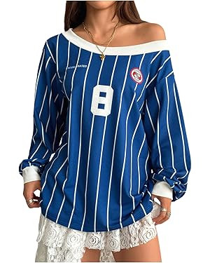 OYOANGLE Women's Off The Shoulder Tops Game Day Striped Number Pattern Long Sleeve T-Shirt Footba... | Amazon (US)