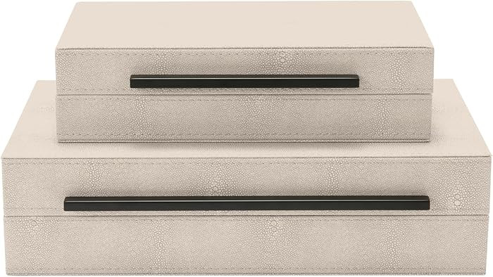 Generic Sagala Set of 2 Ivory Shagreen Decorative Boxes With Black Metal Handles, Faux Leather Je... | Amazon (US)