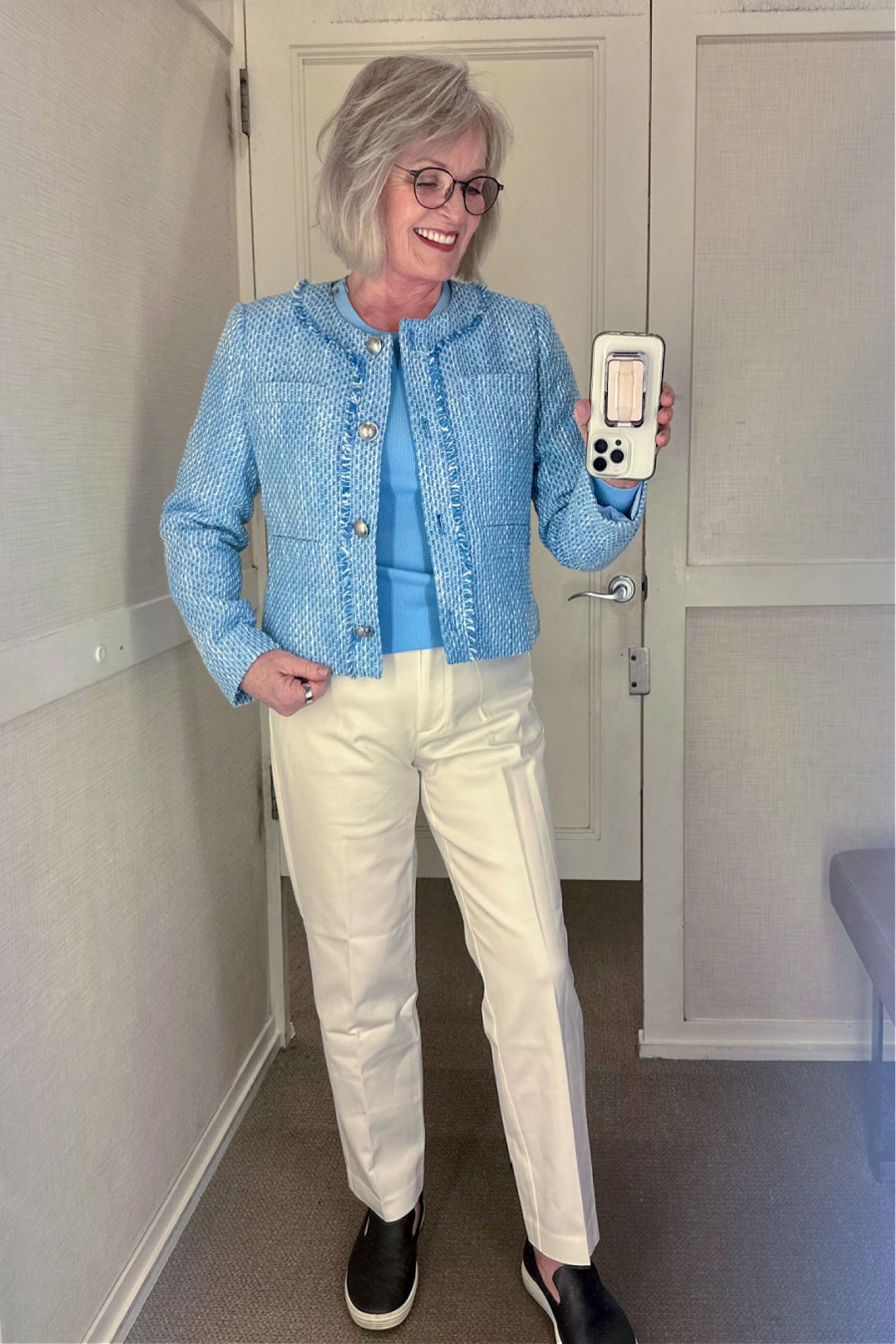 I love the color of this tweed jacket from Loft. It's the prettiest shade of blue that looks so fresh this time of year. Its cropped length is perfect to wear over wider-leg pants or jeans. Surprisingly, this is machine washable. I put it over the draped sleeve sweater in a matching shade, but it also comes in two other colors. I am also wearing my favorite Riviera slim pants. They are a staple in my wardrobe and come in seven colors and regular, petite and tall sizes. 

#fashion #fashionover50 #fashionover60 #springfashion #loft #loftfashion #springsweater #tweedjacket #rivieraslimpants 

#LTKstyletip #LTKSpringSale #LTKfindsunder100