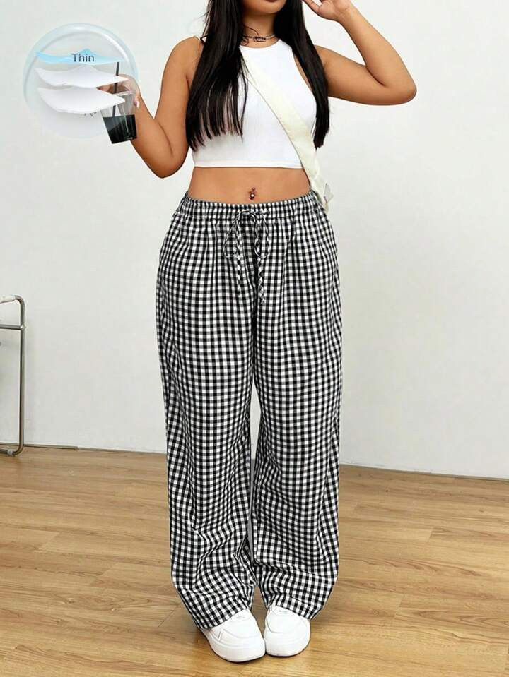 SHEIN EZwear Plus Size Casual Loose Plaid Elastic Waist Wide-Leg Pants | SHEIN