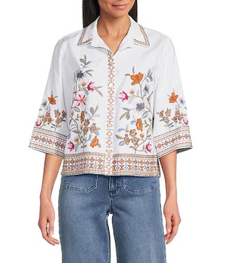 Woven Embroidered Floral Point Collar 3/4 Sleeve Button Front Shirt | Dillard's