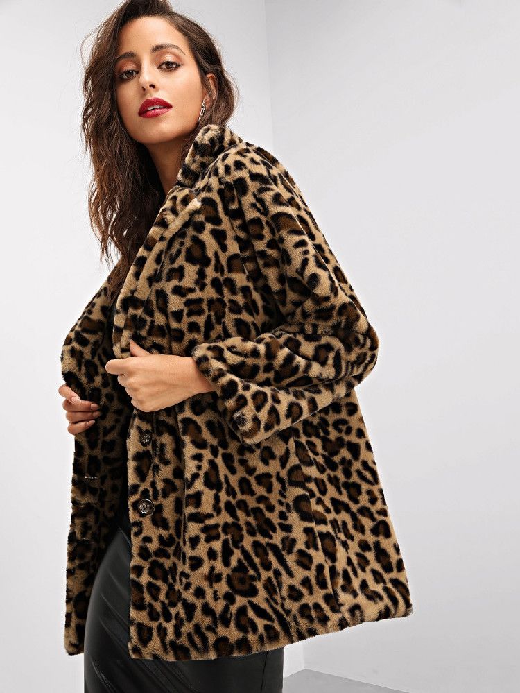 Notch Collar Leopard Print Teddy Coat | SHEIN