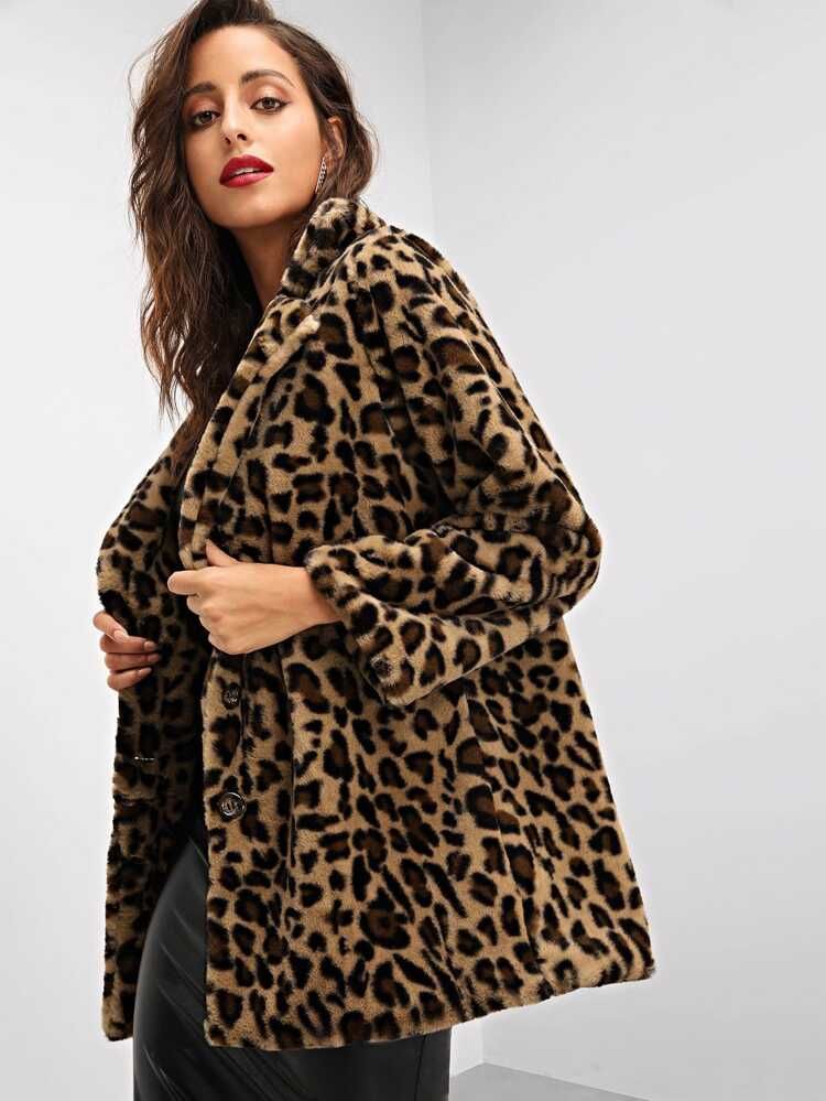 SHEIN Notch Collar Leopard Print Teddy Coat | SHEIN