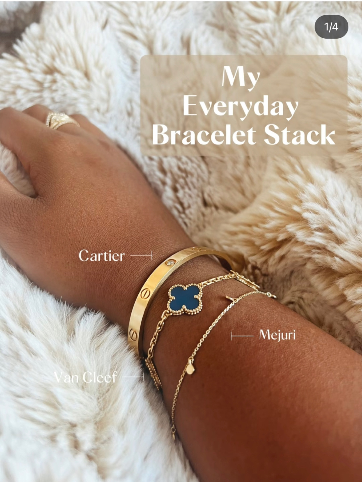 Always on the hunt for pretty new additions, but this is my current stack✨ When I bought my love bracelet, the lady asked what the occasion was and I told her “celebrating life”! It was bought shortly after the pandemic restrictions lifted and I got an exciting promotion at work - so lots to celebrate! I can’t wait to pass it down to my daughter one day.  Same goes for my Van Cleef. I went to the store with my dad looking to get the mother of Pearl bracelet, but that one unfortunately was on hold for another client so the sales associate showed me the agate - love at first sight!  My last bracelet is from Mejuri! Was looking for a bracelet with cute little dangles and the second I saw this piece I knew I had to have it. Any recommendations on what I could/should add to my stack?🥰🦋 **Side Note: if you’re wanting to try these styles before spending a ton of money, I found a few pieces inspired by these designer brands from Amazon that won’t break the bank! #stylesetter #jewelry #jewelry #mejuri  #cartier #vancleef #armcandy #amazonfinds2023 #designer 