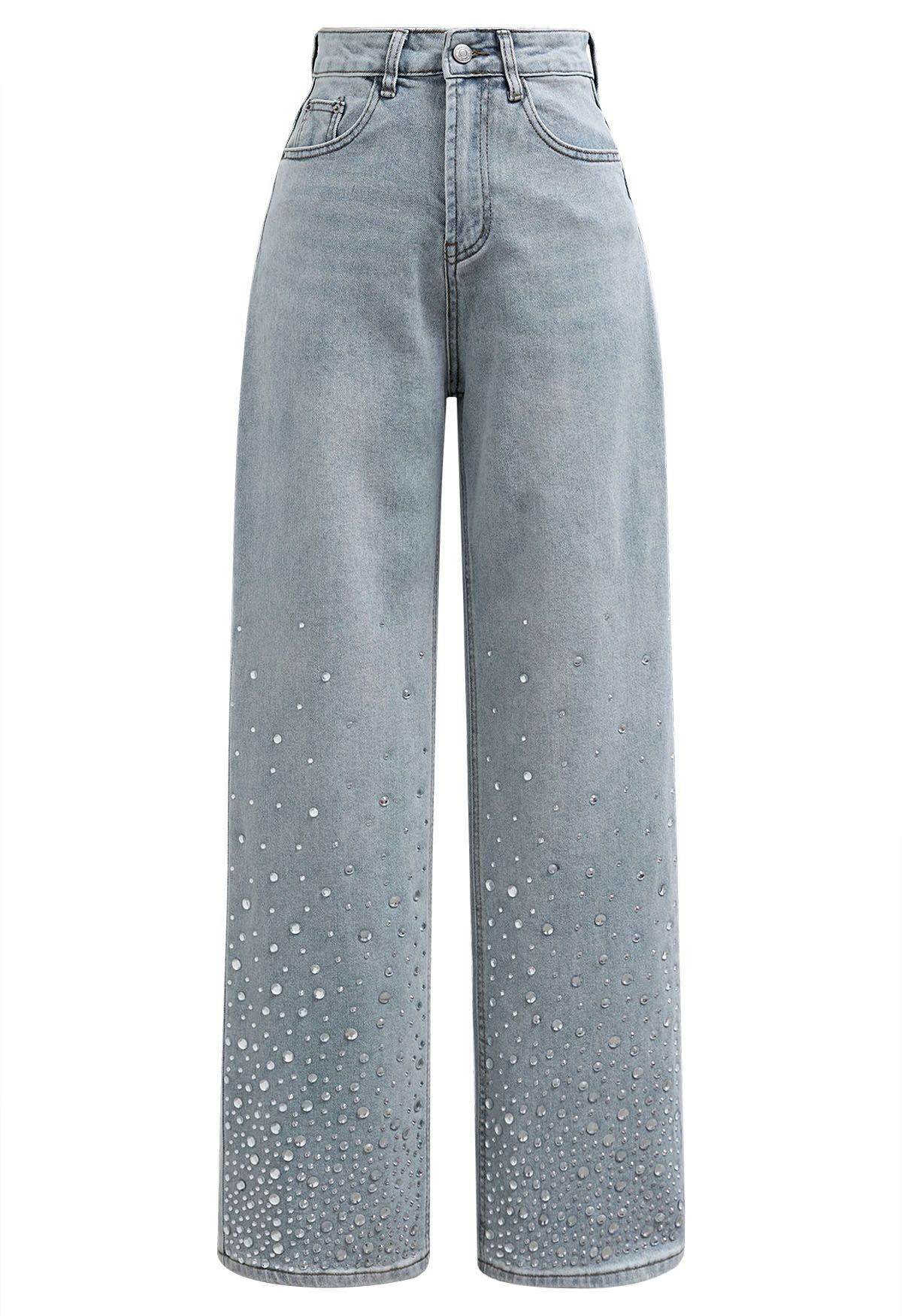 Shiny Rhinestone Straight-Leg Jeans | Chicwish