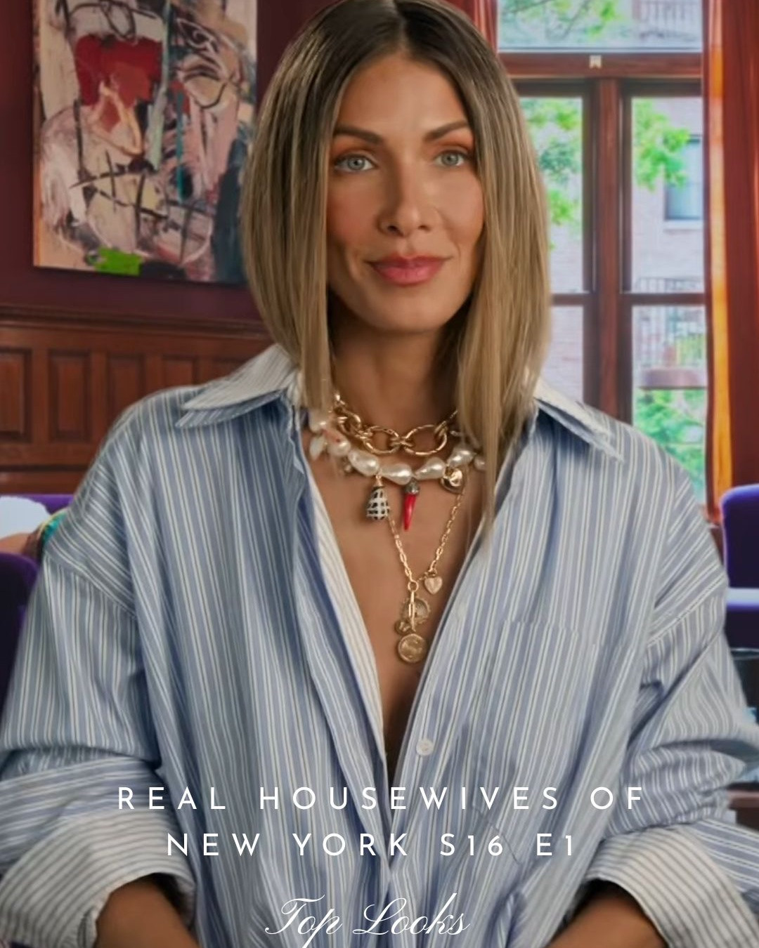 Real Housewives of New York Season 16 Top Looks //  Not Linked: Erin Lichy’s Blue Layered Shirt is $198 at The Frankie Shop and her longest gold necklace  is by Foundrae / Her side button sweater dress is sold out by Mint Velvet / Sai De Silva’s Long Black Leather Coat is Sold out by Max Mara / Daisy Toye’s Leather Jacket is by The Frankie Shop / Carole Radziwill’s Yellow Smiley Face Vest is by Slow Love /
