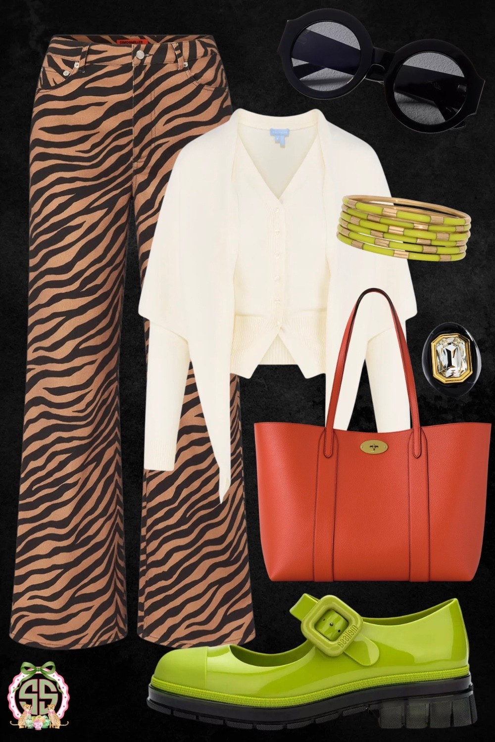 A little wild, a little polished, and anything but boring 🐅💚 Tiger-print wide-leg pants meet a cream cardigan and coordinating draped knit for a statement outfit with personality! Chartreuse platform Mary Janes, green and gold stacking bangles, oversized black sunglasses, a crystal statement ring, and an orange tote bag bring the happiest pops of color.

Save this look for brunch, creative office outfit inspiration, or a girls’ shopping day! If you love animal-print denim, colorful fall outfits, eclectic preppy style, and bold accessories, this outfit formula is for you. Shop the pieces below! 🧡

Tiger print pants | animal print jeans | wide leg denim | cream cardigan outfit | ivory knitwear | chartreuse shoes | lime green Mary Janes | chunky platform shoes | orange tote bag | statement jewelry | colorful accessories | maximalist fashion | transitional fall style

#LTKStyleTip #LTKShoeCrush #LTKItBag #AnimalPrint #WideLegJeans #MaryJaneShoes #ColorfulStyle #FallOutfitIdeas #MaximalistStyle

#LTKgrwm #LTKootd #LTKmomlife