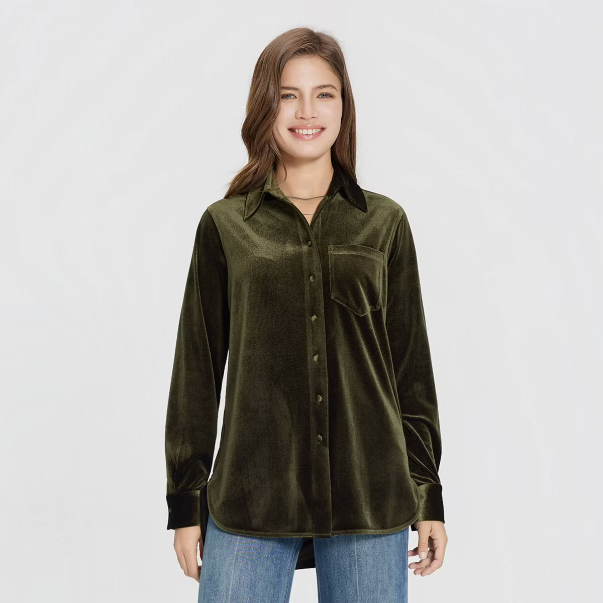 Women's Long Sleeve Collared Velvet Button-Down Shirt - Universal Thread™ Champagne S | Target