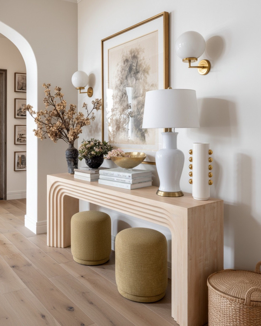 A bright and sculptural foyer layered with warm neutrals and organic textures.
The light oak console table features soft, carved arches in a natural blonde wood finish, bringing a modern coastal feel with its airy, architectural lines. Tucked beneath, a pair of round upholstered stools in a muted olive gold fabric add a pop of earthy color and soft texture to balance the wood tones.

On the console, the styling blends matte, metallic, and organic finishes: a white ceramic table lamp with brushed brass accents, a gold hammered metal bowl, and a collection of textured vases in charcoal and ivory tones. Soft faux florals in shades of nude, blush, and taupe bring a natural, curated look.

Above the table, a warm toned abstract landscape in a brushed gold frame anchors the vignette with sandy neutrals, charcoal shading, and soft brown undertones. Flanking the art, brass globe sconces with glossy white shades add a refined glow and tie in the metallic accents.

The space is grounded by light European oak floors with subtle knots and a warm, neutral wash, creating a clean, inviting entry that feels luxurious without being overdone.

✨ Shop the look:
• Light blonde oak carved console table
• Olive gold upholstered round stools
• White ceramic table lamp with brass detail
• Charcoal + ivory textured vases
• Gold hammered accent bowl
• Faux neutral florals
• Warm abstract artwork in brushed gold frame
• Brass globe wall sconces
• Natural woven basket

#LTKsale #LTKhome #LTKstyletip