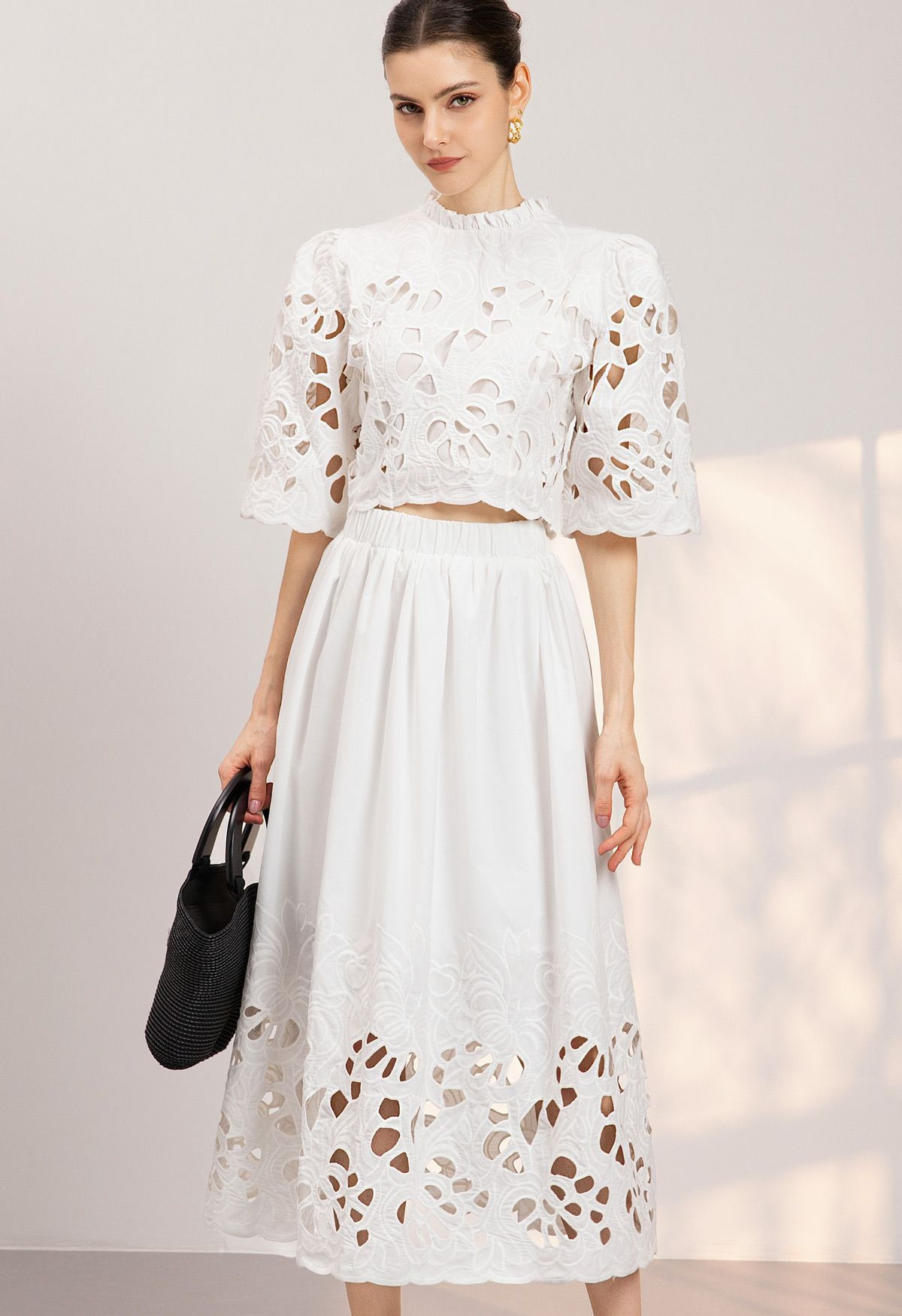 Scalloped Embroidery Floral Cutwork Top and Maxi Skirt Set in White for Boutique Shopping & City ... | Chicwish